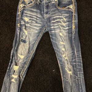 Rock Revival Slim Straight Distressed Jeans - Blue and Tan